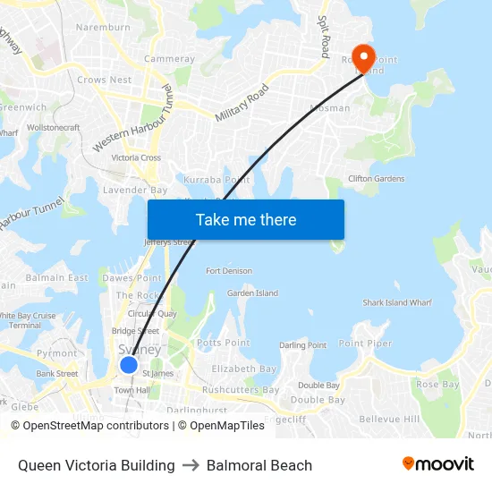 Queen Victoria Building to Balmoral Beach map
