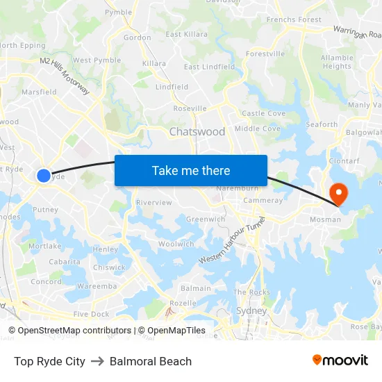 Top Ryde City to Balmoral Beach map