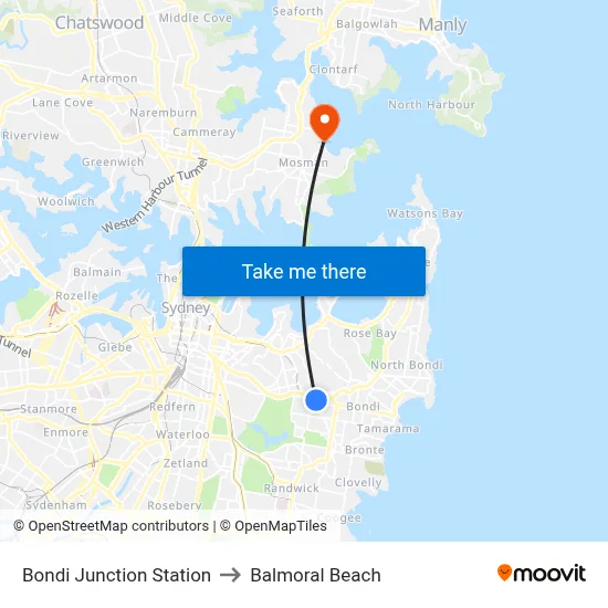 Bondi Junction Station to Balmoral Beach map