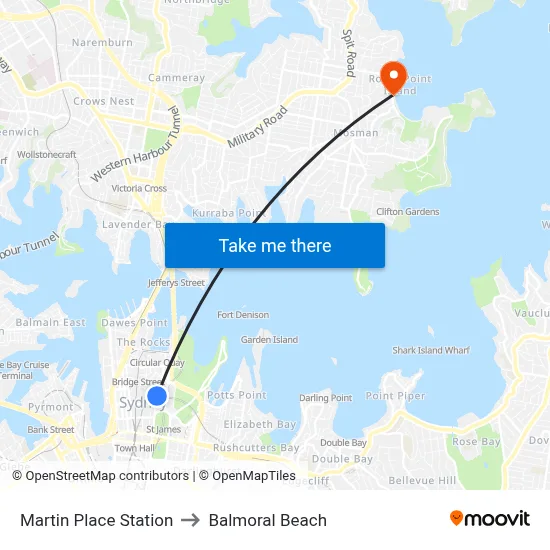 Martin Place Station to Balmoral Beach map