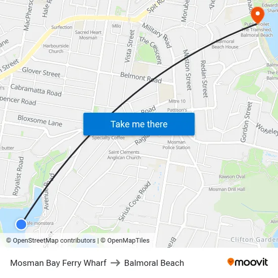 Mosman Bay Ferry Wharf to Balmoral Beach map
