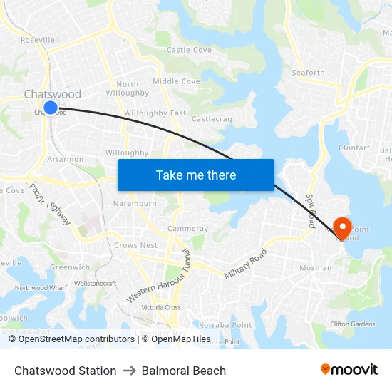 Chatswood Station to Balmoral Beach map