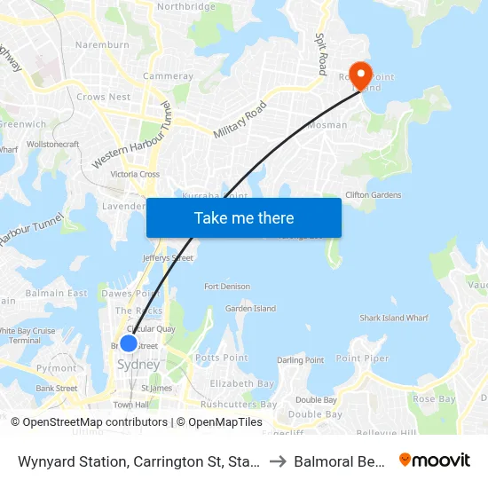 Wynyard Station, Carrington St, Stand A to Balmoral Beach map
