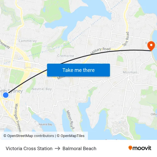 Victoria Cross Station to Balmoral Beach map