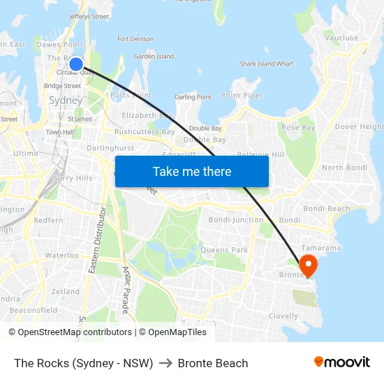 The Rocks (Sydney - NSW) to Bronte Beach map