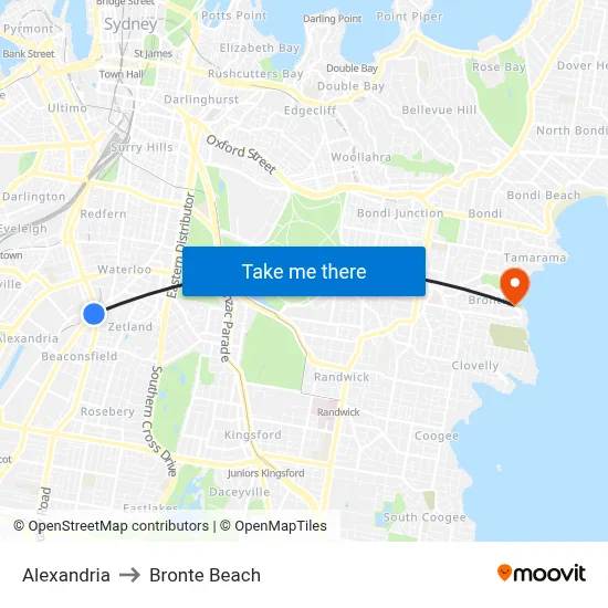 Alexandria to Bronte Beach map