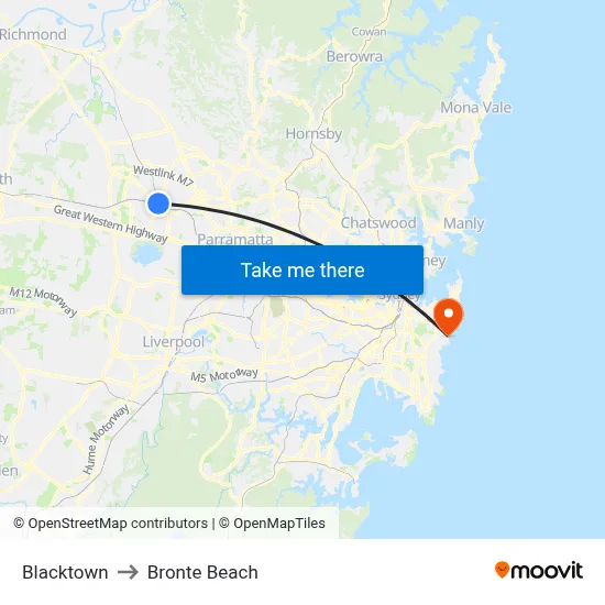 Blacktown to Bronte Beach map