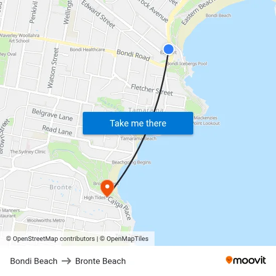 Bondi Beach to Bronte Beach map