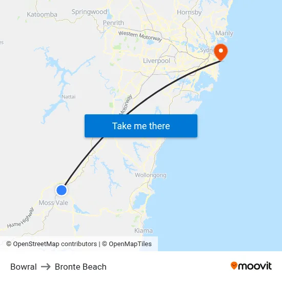 Bowral to Bronte Beach map