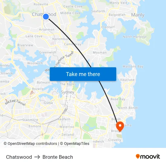 Chatswood to Bronte Beach map