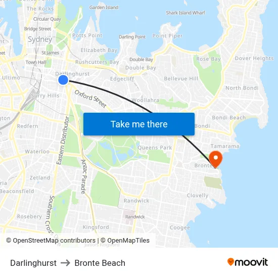 Darlinghurst to Bronte Beach map