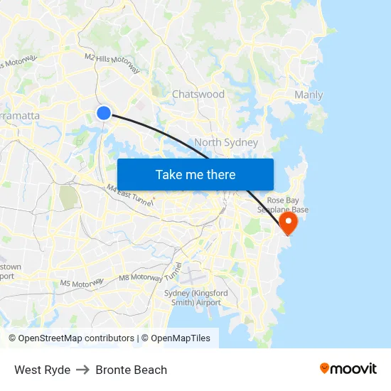 West Ryde to Bronte Beach map