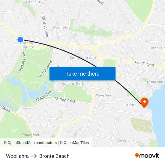 Woollahra to Bronte Beach map
