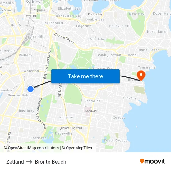 Zetland to Bronte Beach map