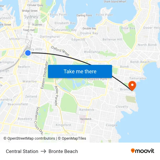 Central Station to Bronte Beach map