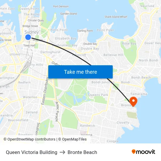 Queen Victoria Building to Bronte Beach map
