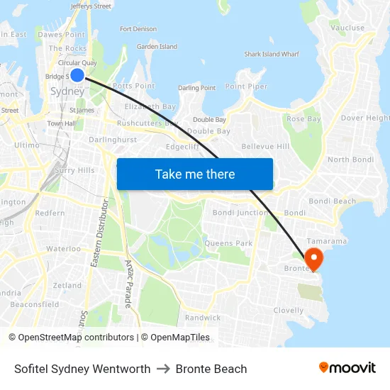 Sofitel Sydney Wentworth to Bronte Beach map