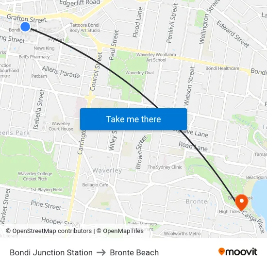 Bondi Junction Station to Bronte Beach map