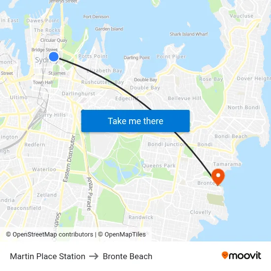 Martin Place Station to Bronte Beach map