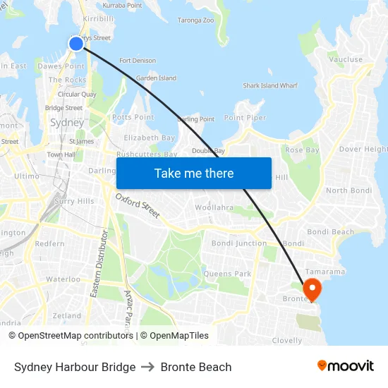 Sydney Harbour Bridge to Bronte Beach map