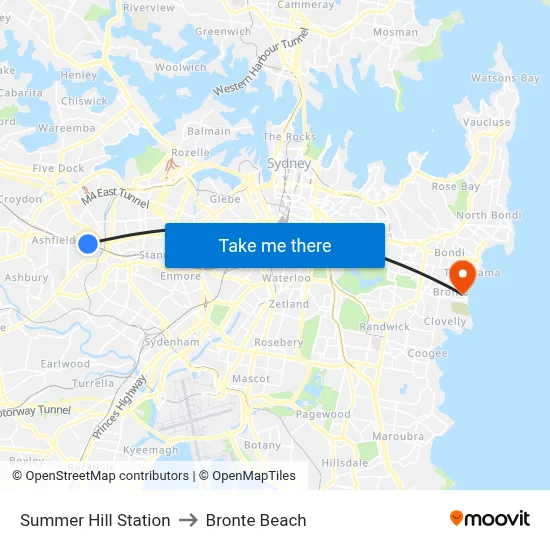 Summer Hill Station to Bronte Beach map
