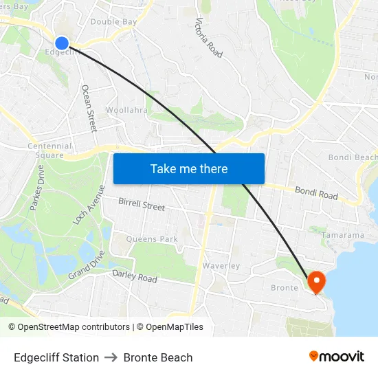 Edgecliff Station to Bronte Beach map