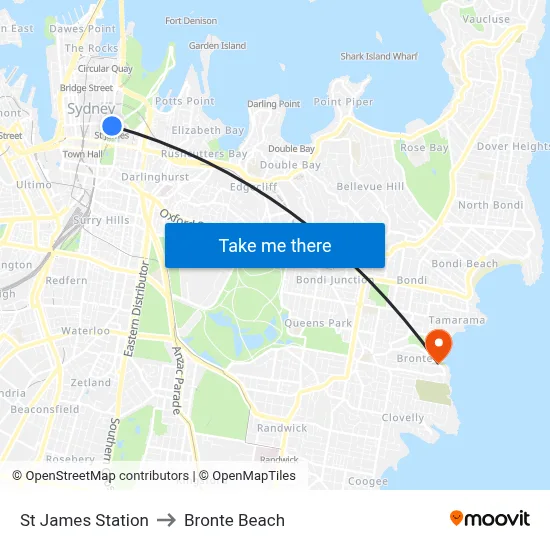 St James Station to Bronte Beach map