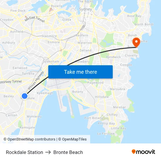 Rockdale Station to Bronte Beach map