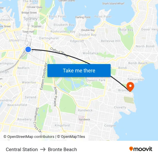 Central Station to Bronte Beach map