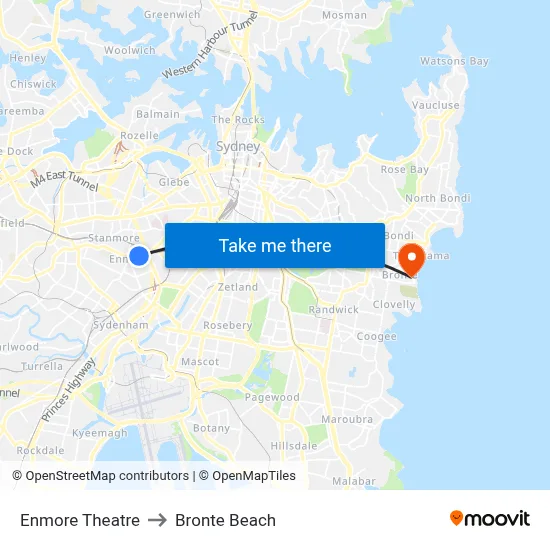 Enmore Theatre to Bronte Beach map