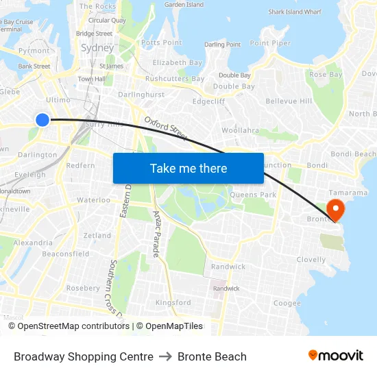 Broadway Shopping Centre to Bronte Beach map