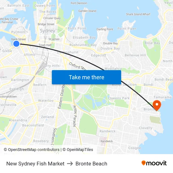 New Sydney Fish Market to Bronte Beach map