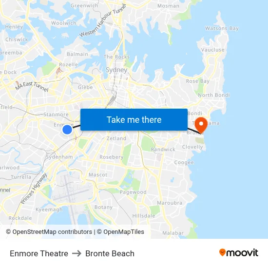 Enmore Theatre to Bronte Beach map