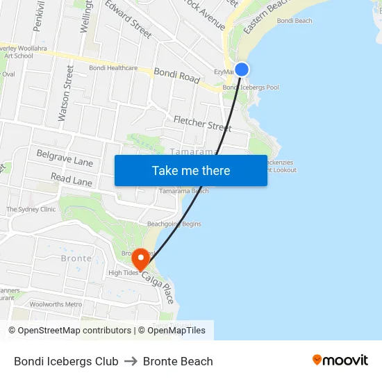 Bondi Icebergs Club to Bronte Beach map