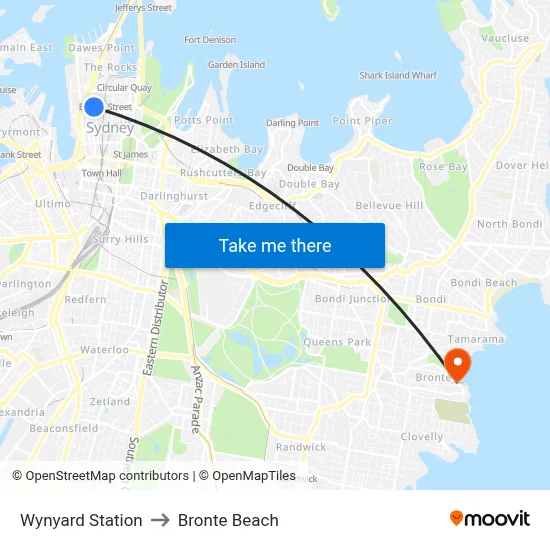 Wynyard Station to Bronte Beach map