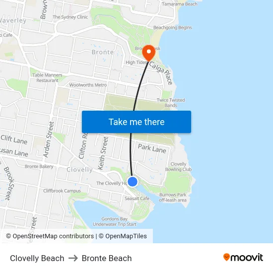 Clovelly Beach to Bronte Beach map