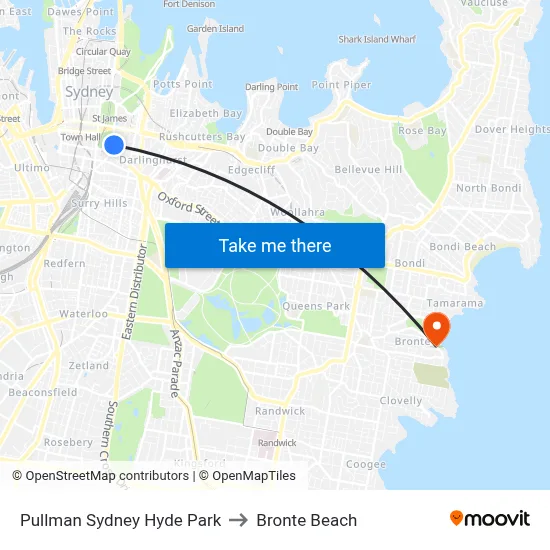 Pullman Sydney Hyde Park to Bronte Beach map