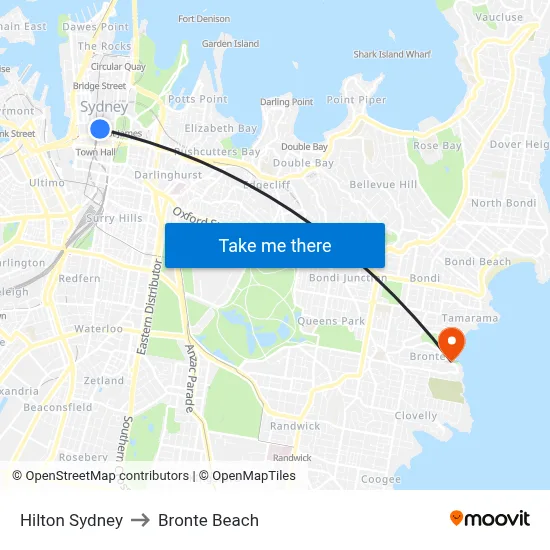 Hilton Sydney to Bronte Beach map