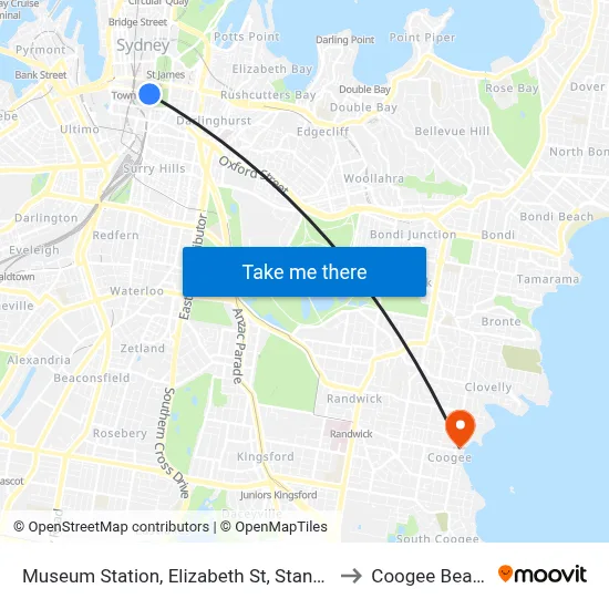 Museum Station, Elizabeth St, Stand D to Coogee Beach map