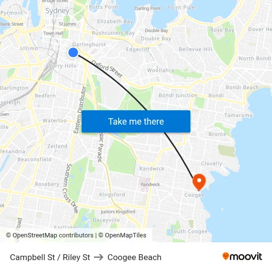 Campbell St / Riley St to Coogee Beach map