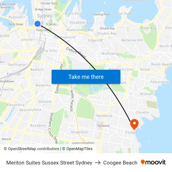Meriton Suites Sussex Street Sydney to Coogee Beach map
