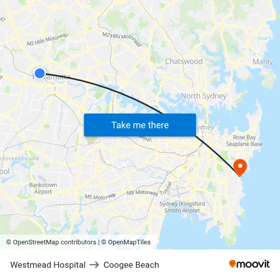 Westmead Hospital to Coogee Beach map