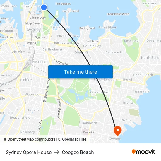 Sydney Opera House to Coogee Beach map