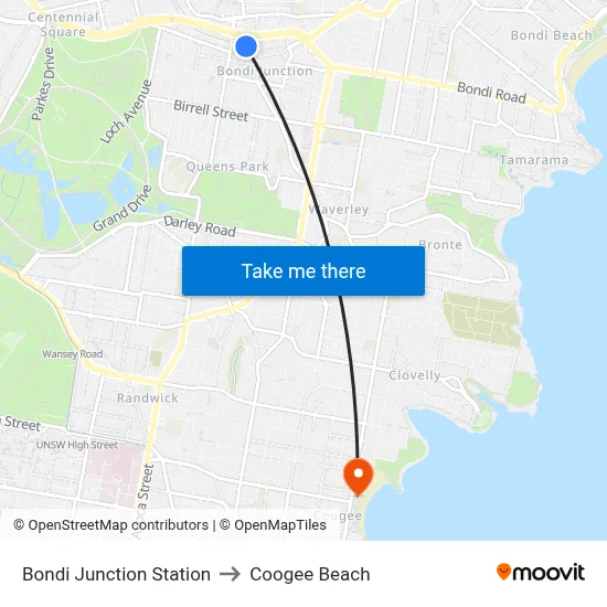 Bondi Junction Station to Coogee Beach map