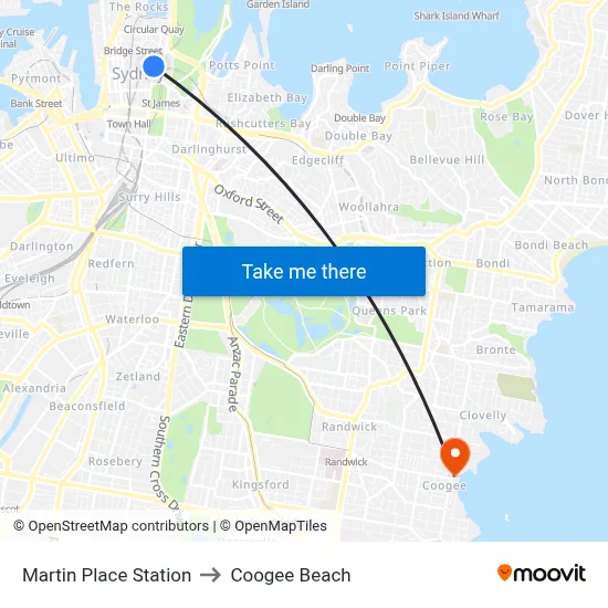 Martin Place Station to Coogee Beach map