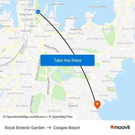 Royal Botanic Garden to Coogee Beach map