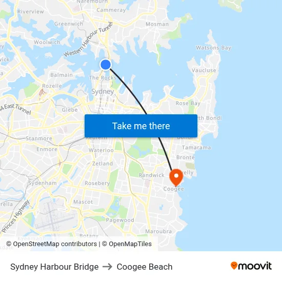 Sydney Harbour Bridge to Coogee Beach map