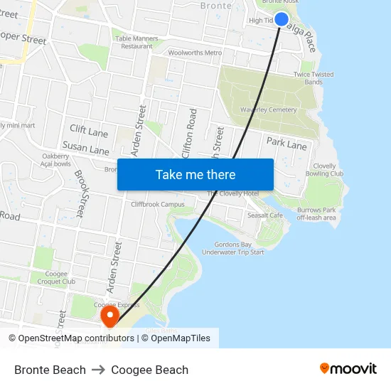 Bronte Beach to Coogee Beach map