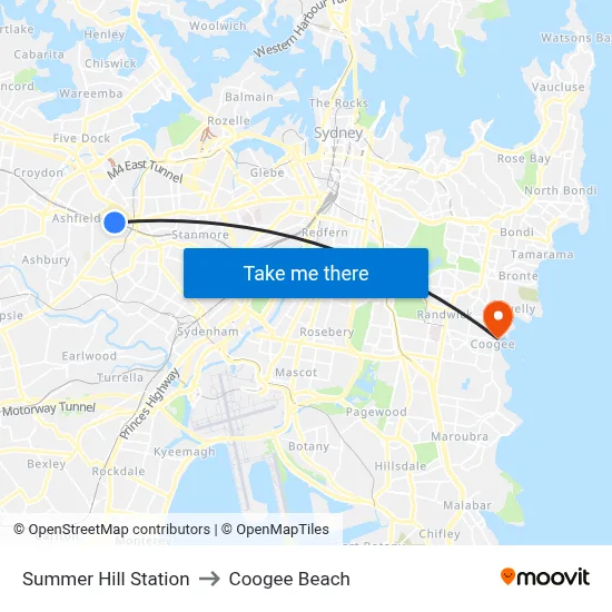 Summer Hill Station to Coogee Beach map