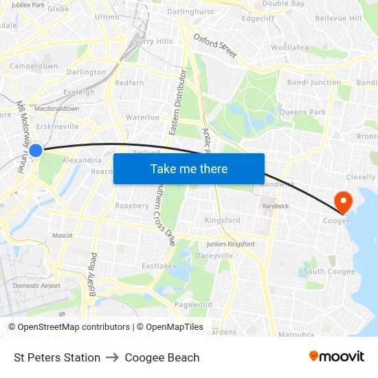 St Peters Station to Coogee Beach map